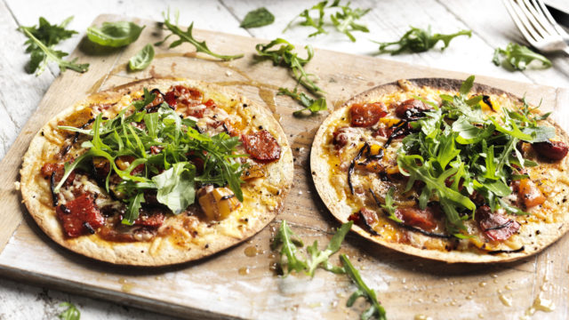 Home-made vegetarian tortillas pizza