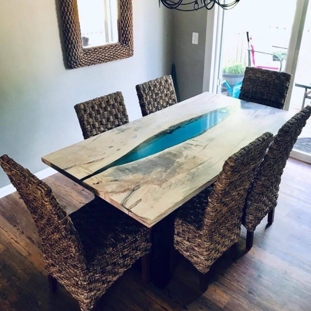 maple dining table with the blue epoxy